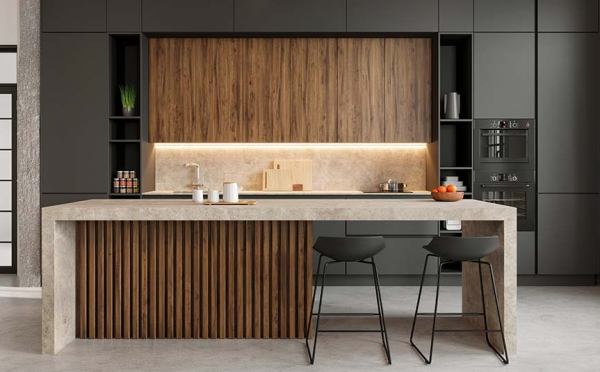 Dapur mewah dan elegan dengan tata letak island